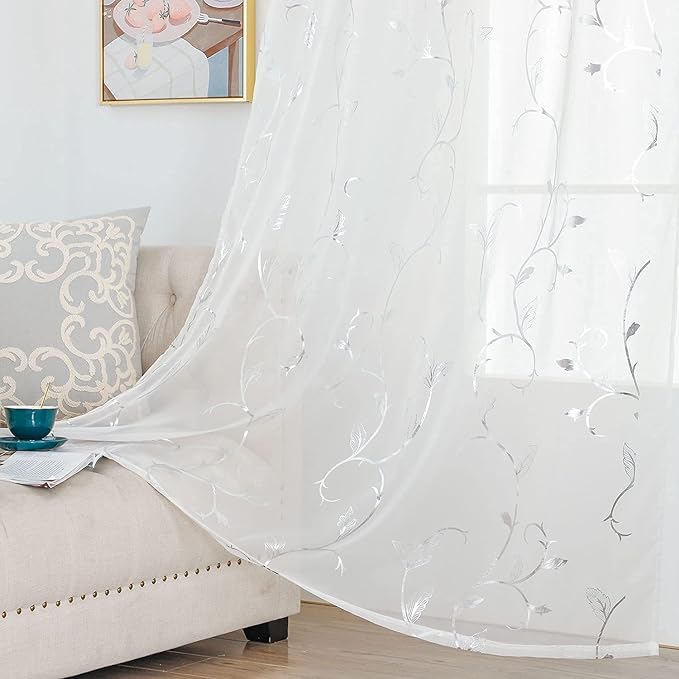 BUHUA White Sheer Curtains 84 Inch Length Semi - Sheer Curtains Printed Silver Foil Vine Pattern Grommet Window Curtains for Girls Bedroom, 55 x 84 Inch, 2 Panels - Image 6