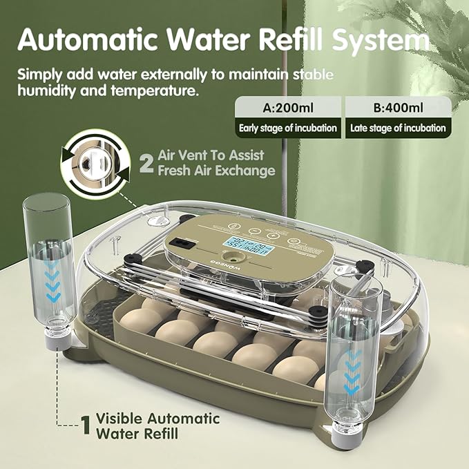 24 Egg Incubator with Automatic Turning, Temperature and Humidity Control, LED Egg Candler, and Auto Water Addition, for Hatching Chicken, Goose, Duck, Quail, Pigeon, and Turkey Eggs - Image 4