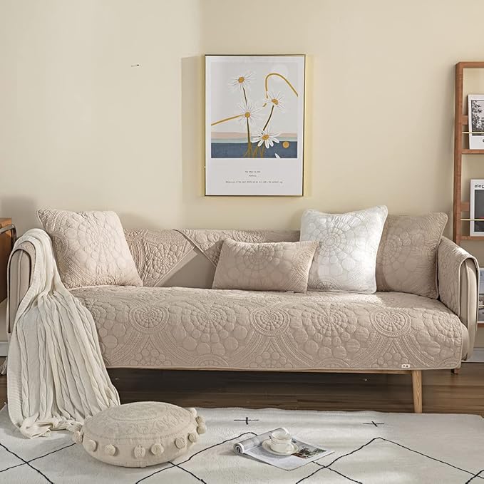vctops Boho Circle Embroidery Couch Sofa Cover Solid Color Cotton Quilted Non-Slip Sectional Couch Covers Sofa Slipcover for Dogs, Children, Pets Furniture Protector (Khaki,36"x47") - Image 2