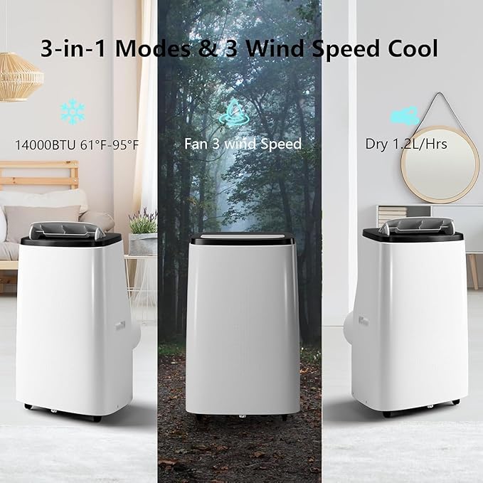 14000 BTU Portable Air Conditioners, 3-in-1 Cooling AC Unit w/Dehumidifier & Fan Mode for Rooms Up to 750 Sq. Ft, Remote Control, Sleep Mode, Low Noise,24H Timer, 3 Speed, Auto Swing for Home,Totel - Image 3
