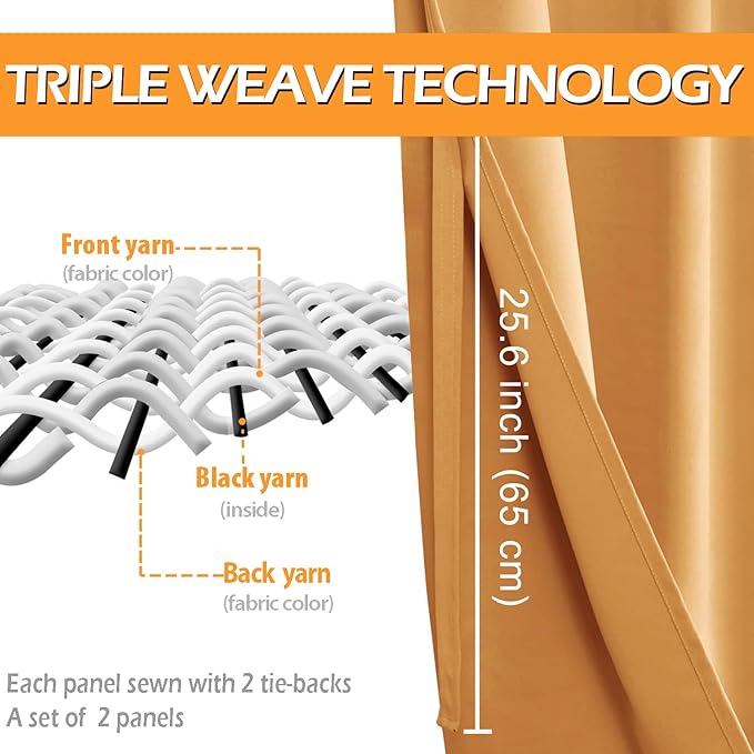 Hiasan Short Blackout Curtains for Bedroom - Thermal Insulated & Light Blocking Window Curtains for Living Room, 2 Drape Panels Sewn with Tiebacks, Pumpkin Orange, 42 x 45 Inch - Image 4