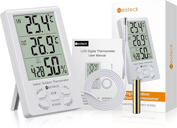 Neoteck 3 in 1 Thermometer Hygrometer with Clock Large LCD Display, Digital Humidity Temperature Meter 1.5m Sensor Wire for Indoor Outdoor Use - Image 8
