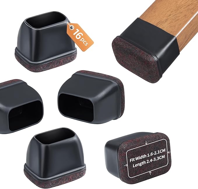 Ezprotekt 16 Pcs Rectangle Black Felt Chair Leg Floor Protectors for Hardwood Floors, Rectangle Silicone Felt Furniture Pads Caps, Table Leg Covers Cups Anti- Scratches (Fit W:0.6-0.8", L:0.9-1.3") by VisittheEzprotekt