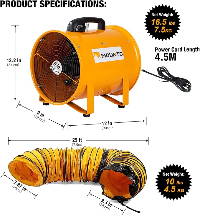 MOUNTO COMBO Heavy Duty Cylinder Fan with 25-foot Vinyl Hose (8inch) - Image 2
