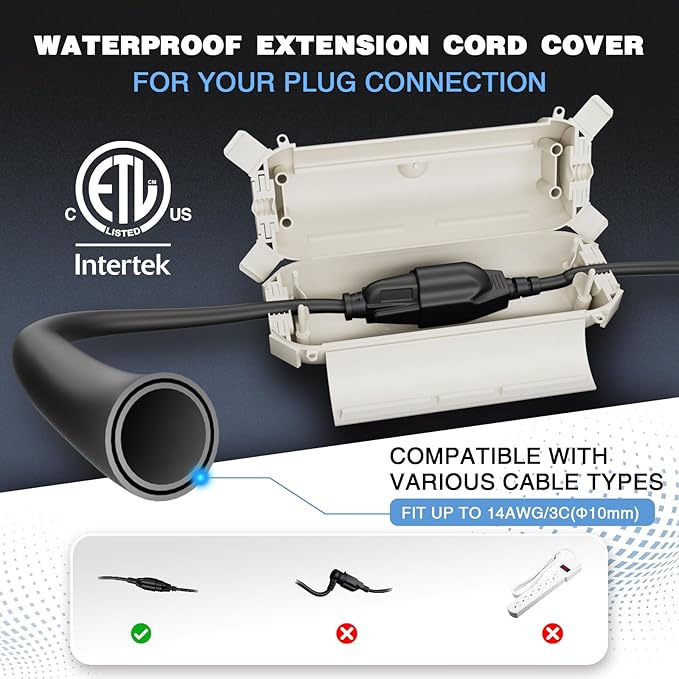 Flemoon [3 Pack] Outdoor Extension Cord Safety Cover with Waterproof Seal, Weatherproof Electrical Connection Box for Outdoor Outlet, Plug, Socket, Halloween, Christmas Holiday Decoration Light, White - Image 2