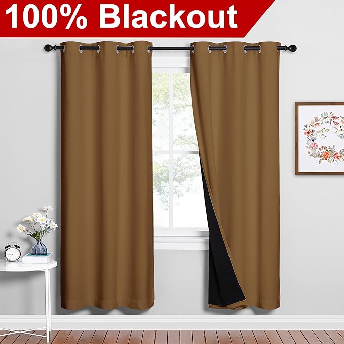 NICETOWN Full Shade Curtain Panels, 37" Wide x 70" Long, Gold Brown, Pair of Thermal Insulated & Energy Efficiency Blackout Drapes for Living Room, Lined Silky Performance Window Dressing - Image 2