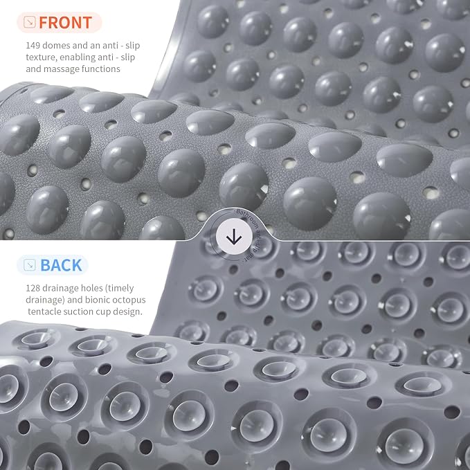 Anti-Slip Bathtub Shower mat, 27.5×14.5（Approximately 70×37cm） inch Soft Oversized Machine Washable Non-Slip Bathtub mat with Drainage Holes, Bathroom Floor Suction Cup.（1-Opaque Gray） - Image 2