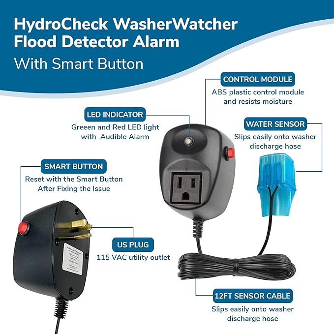 WasherWatcher Laundry Tub Overflow Protector - Water Leak Shut Off Detectors w/ LED Indicator, Alarm, Water Sensor, & More - Easy to Install Washing Machine Leak Detector for Any Drain System - Image 2