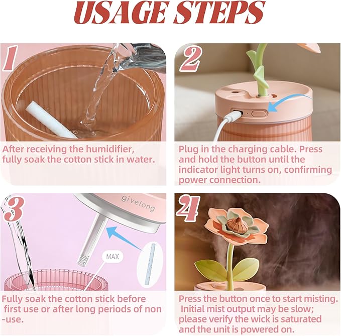 Cute Mini Humidifier 320mL Cool Mist Humidifie mute with 2 Mist Modes,for Home/Nursery/Office,Portable Mini Air Moisturizer,rechargeable mini humidifier(Gardenia pink) - Image 2