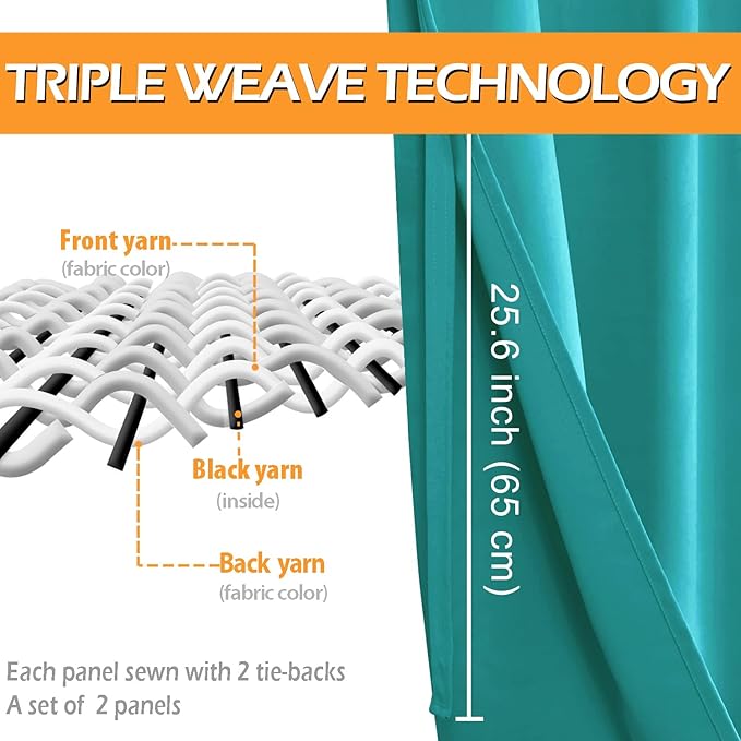 Hiasan Blackout Curtains for Bedroom, 52 x 54 Inches Long - Thermal Insulated & Energy Saving Window Curtains for Living Room, 2 Drape Panels Sewn with Tiebacks, Peacock Teal - Image 4