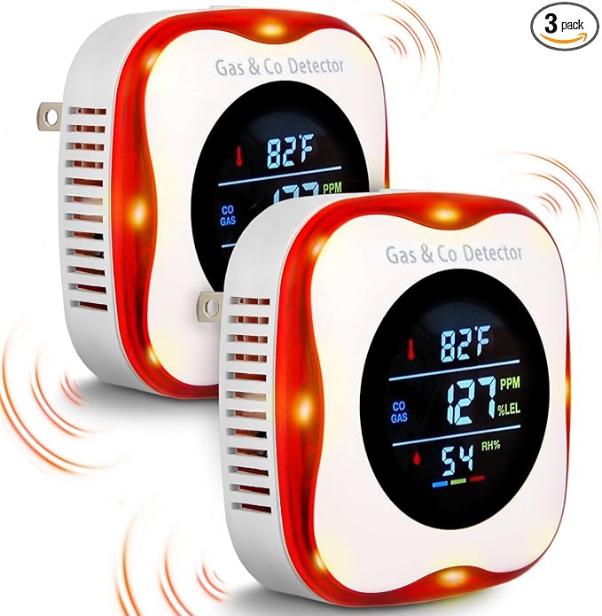 Combustible Gas & Carbon Monoxide Detector 4-in-1 Alarm with Temp/Humidity Sensor – Plug-in CO/Gas Leak Detector for Home, RV, Apartment Safety (Explosive Gas & CO Detection) (CO&Gas, 2-Pack) by Vzmcov