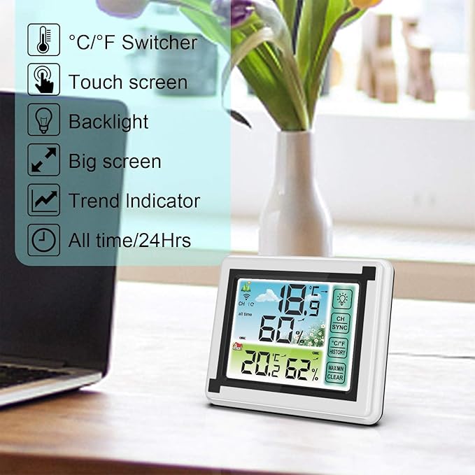 Indoor Outdoor Thermometer Hygrometer Wireless Remote Weather Stations, Humidity Monitor Battery Powered Digital Temperature Gauge with 60m/200ft Range Remote Sensor and Adjustable Backlight - Image 2