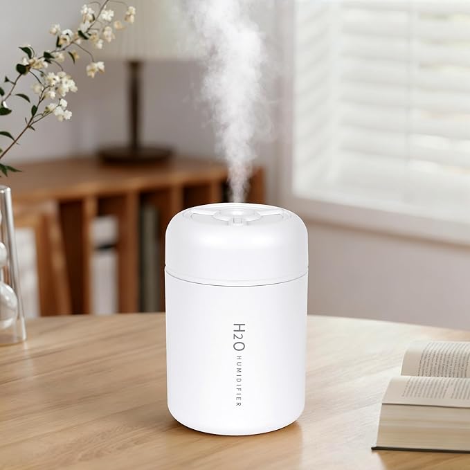 Portable Mini Humidifier, 300ml USB Cool Mist Small Humidifier with Colorful Lights. Perfect for Bedroom, Office, Plants, travel & Car (White) by Riecin