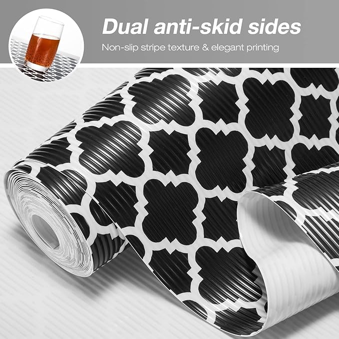 Glotoch Shelf Liners for Kitchen Cabinets 17.5” x 30 ft, Non Slip Drawer Liner, Waterproof Cabinet Liner for Wire/Pantry/Closet/Dresser-Non Adhesive, Heavy Duty, Quatrefoil, Black&White - Image 7