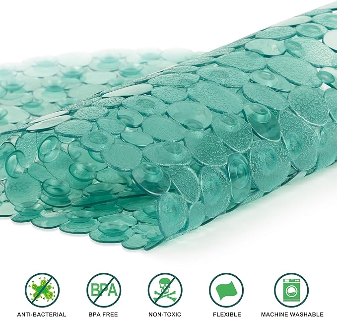 WELTRXE Pebbles Bathtub and Shower Mat Non Slip, Oval Bath Mats for Bathroom Tub Washable with Suction Cups, Drain Holes, BPA Free, 27 x 14 Inch, Dark Green - Image 2