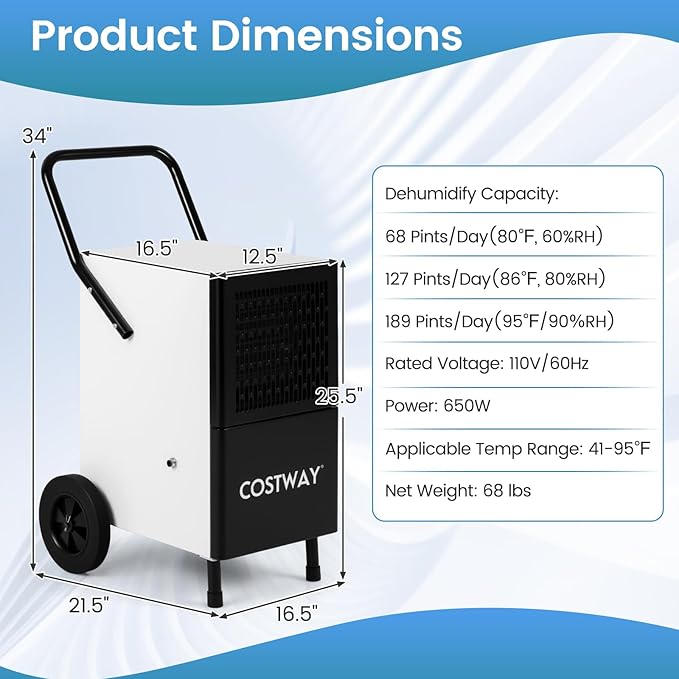COSTWAY 189 Pints Commercial Dehumidifier with Pump, 3.3Ft Drain Hose & Wheels, Industrial Dehumidifier for Basement, Warehouse, Job Sites & Large Space Up to 7,500 Sq.Ft - Image 8