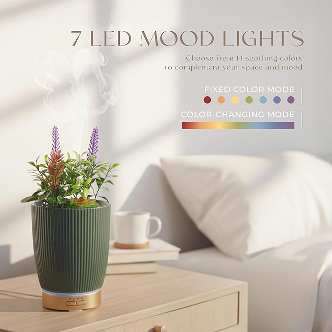 Earnest Living Essential Oil Diffuser Ceramic Artificial Succulent Plants Potted Diffuser 100 ml for Lavender Essential Oils Timers Night Lights and Auto Off Humidifier Aromatherapy Diffusers for Gift - Image 4
