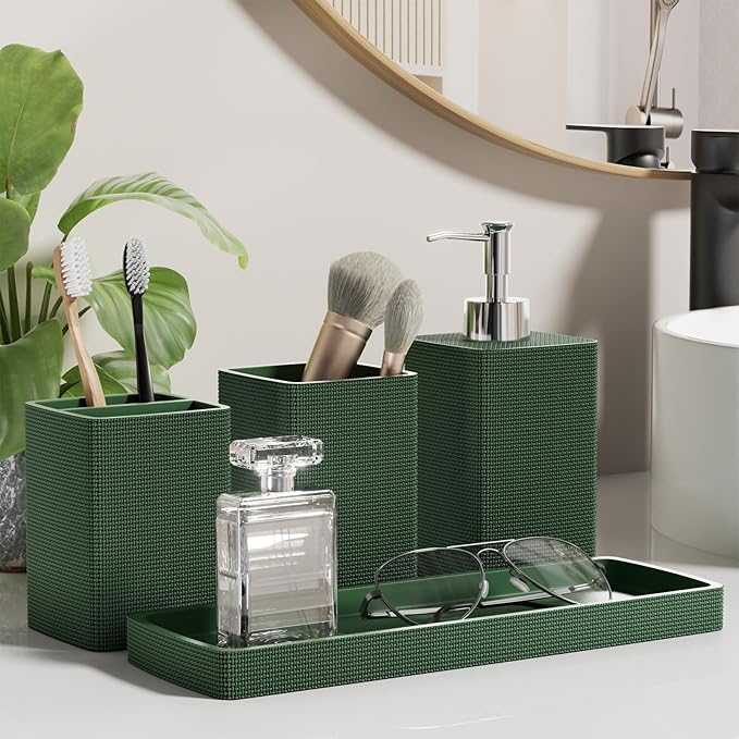 Resin Green Bathroom Set, Dark Green Bathroom Accessories Set with Shower Curtain, Bath Towel Sets, Natural Loofah Sponge, Soap Dispenser, Toothbrush Holder, Bathroom Tumbler and Tray for Bathroom - Image 7