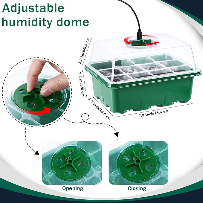 6 Pack Seed Starter Tray Kit with Grow Light and Humidity Dome Germination Trays, 72 Peat Pellets, Plant Labels, Gardening Tools, Green, Modern Style, 7.3 x 5.7 x 4.5 inches - Image 4