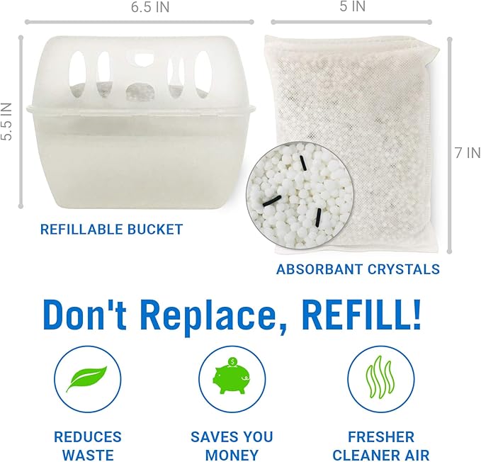 Refillable Moisture Absorber Bucket with Dehumidifier Refill Pack Moisture Absorbers for Closet Storage, Controls Water, Humidity, Odors, and for Basement, Home, Boat, Room, RV, and Car Use - Image 2
