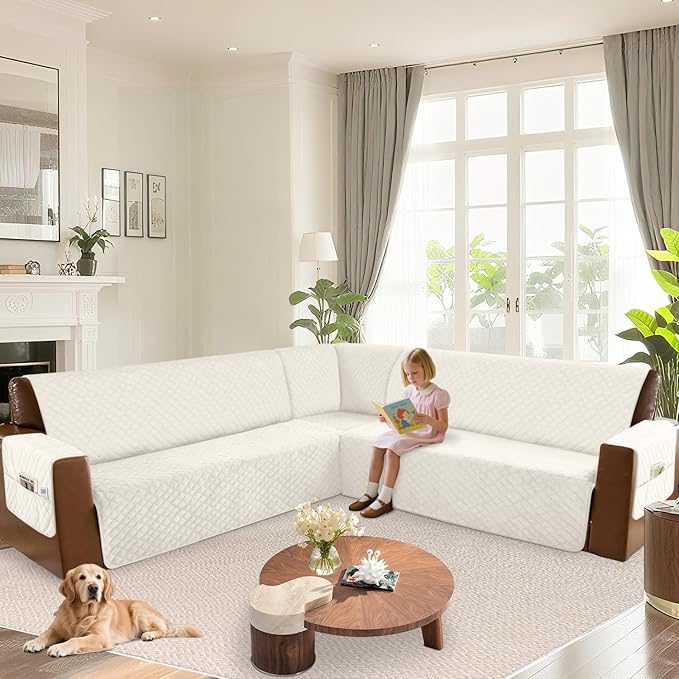 Arfntevss Waterproof Sectional Couch Covers L Shape Washable Velvet Sofa Cover for Sectional Non Slip Large Corner Slipcovers Dog 6 Pcs Universal U Shaped Furniture Protector (Ivory, XX-Large) - Image 6