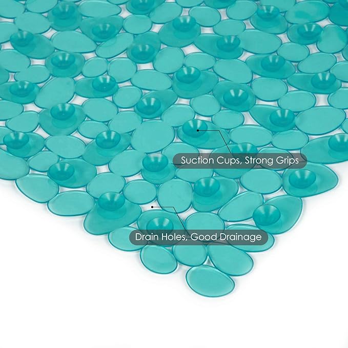 WELTRXE Non Slip Bath Mat Pebbles Bathtub Mat with Suction Cups, Drain Holes for Bathroom Showers, Tub, 35 x 16 Inches Machine Washable Bathroom Mats BPA, Latex Free Safe Shower Mats - Teal - Image 4