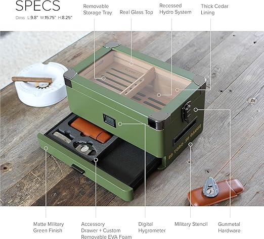 CASE ELEGANCE Military Glass Top Humidor with Thick Cedar, Includes Klaro Valet BLE Digital Hygrometer + WiFi Bridge for Remote Monitoring Humidity & Temperature, iOS & Android App - Green - Image 6