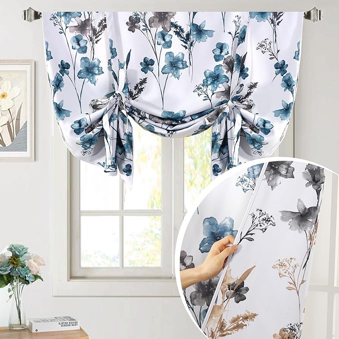 H.VERSAILTEX Tie Up Curtain Double Sided Cattleya Floral Printed Window Valance Balloon Roman Curtain, Rod Pocket 1-Pack, Reversible in Blue/Taupe, W 42 x L 36 by HVERSAILTEX