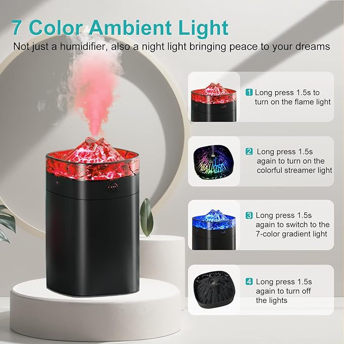 Portable Mini Humidifier, 400ml Small Humidifier with 2 Modes Large Spray, USB Personal Desktop Humidifiers for Home Bedroom Office Travel with 7 Color LED Light, Auto-Off, Bass Work(Black-Crackle) - Image 4