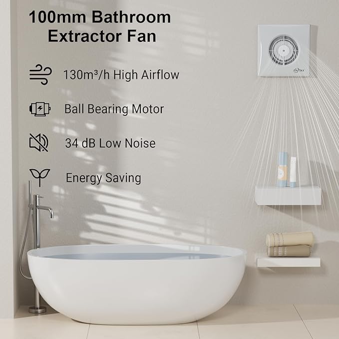 4 Inch Bathroom Exhaust Fan, 130m³/h Quiet Ventilation Extractor with Check Valve, Wall/Window Mount Bathroom Exhaust Fan for Kitchen, Garage, Office, Shop, 12W, 34 dB, White - Image 3