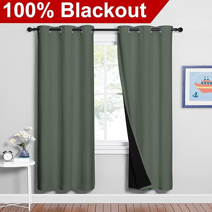 NICETOWN 100% Blackout Window Curtain Panels, Full Light Blocking Drapes with Black Liner for Nursery, 72-inch Drop Thermal Insulated Draperies (Dark Mallard, 2 Pieces, 42-inch Wide Per Panel) - Image 2