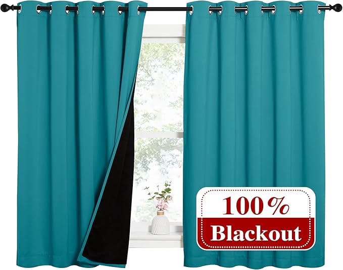 NICETOWN Peacock Teal 100% Blackout Lined Curtains, 2 Thick Layers Completely Blackout Window Treatment Thermal Insulated Drapes for Kitchen/Bedroom (1 Pair, 62" Width x 63" Length Each Panel) - Image 2