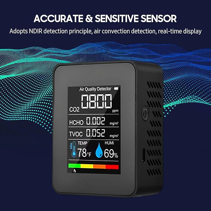 Prefessionall Indoor Air Quality Monitor, 5 in 1 Portable Smartair Quality Tester for CO2 | TVOC | HCHO | Temp | Hum for Home Cars Plants and Pets So On (Black) - Image 8