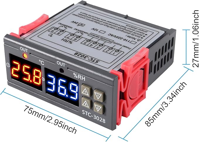 STC-3028 24V Temperature & Humidity Controller with Integrated Sensor, Dual Digital Display Thermometer Hygrometer, Incubator Controller - Image 5