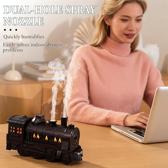 Train Diffuser 300ML Essential Oil Diffuser Cool Mist Humidifier Aroma Diffuser,2 Color Light 2 Mist Modes,3-in-1 Vintage Steam Train Diffuser Humidifier with Remote Control,Home Decor & Gift (Black) - Image 3