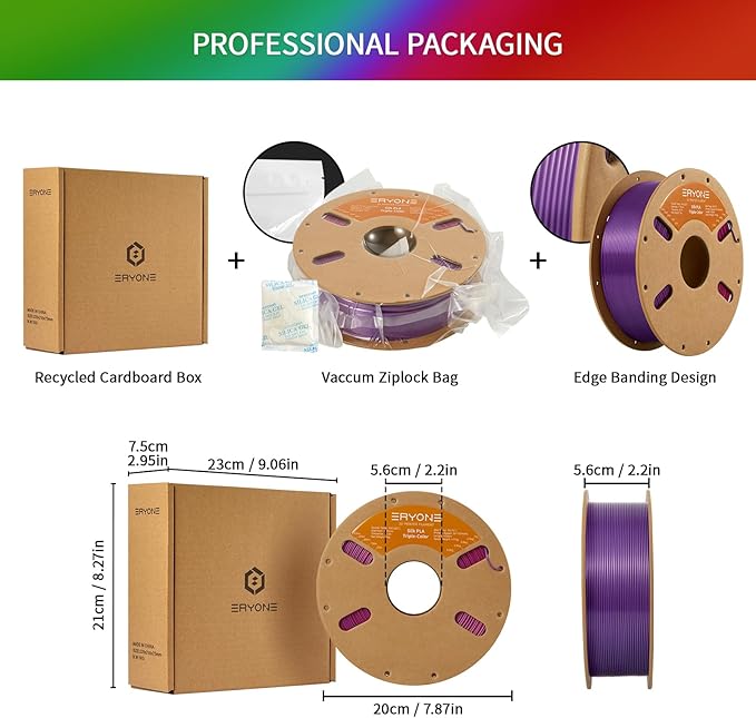 ERYONE Silk Tri Color PLA Filament 3D Printer 1.75mm +/- 0.03mm, Multicolor Filament Tricolor PLA 1KG(2.2lbs) Cardboard Spool, Red Purple Green - Image 6