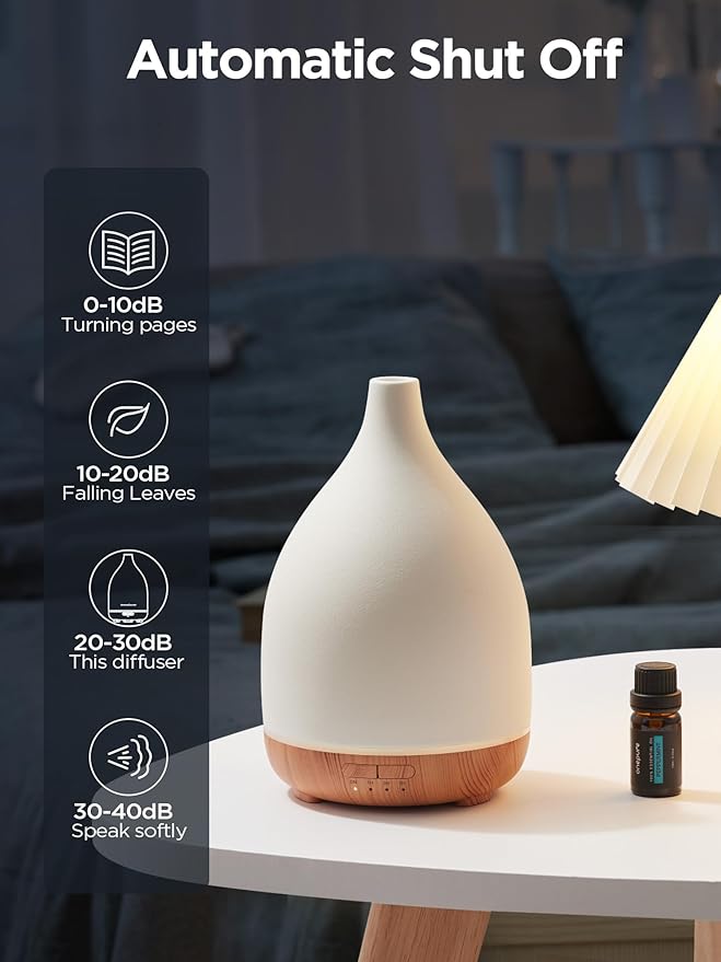 InnoGear Oil Diffuser, 300ML Ceramic Diffuser for Essential Oils Handcrafted Aromatherapy Diffuser Ultrasonic Cool Mist Humidifier with 4 Timers Waterless Auto Off for Room Office, White - Image 6