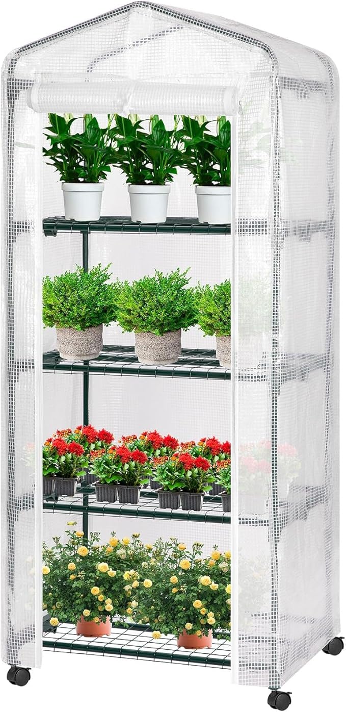 VIVOSUN Mini 4-Tier Greenhouse with Wheels, 27 x 19 x 63-Inch Reusable Portable Warm House with White PE Cover and Shelf for Compact Garden and Small Backyards, with Wheels by VIVOSUN