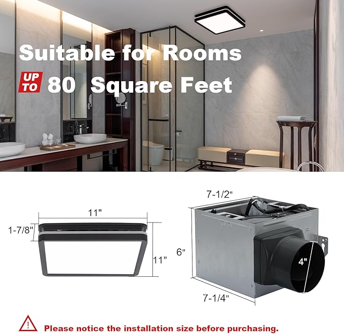 Akicon Bathroom Exhaust Fan with Light, 80CFM 2.0 Sones Exhaust Fan for Bathroom Ceiling, 15W Dimmable 3CCT LED Lights & 3.5W Nightlight Vent Fan for Home, Shower Room, Square, Black - Image 5