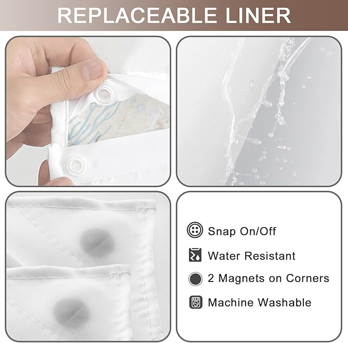 No Hook Shower Curtain with Snap in Liner, Beach Ocean Nautical Coastal Shower Curtains and Liner Set for Bathroom, Seashell Hotel Fabric Bath Curtain, Waterproof Washable, ‌Retro Brown 71" x 74" - Image 5