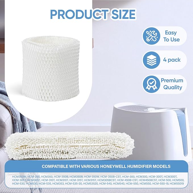 4 Pack HAC-504 Humidifier Wicking Filter Compatible with Honeywell HCM-350,HCM-300T, HCM-600, HCM-710, HCM-315T,HAC-504 and HAC-504AW Cool Mist Humidifiers, Replacement Filter A - Image 2