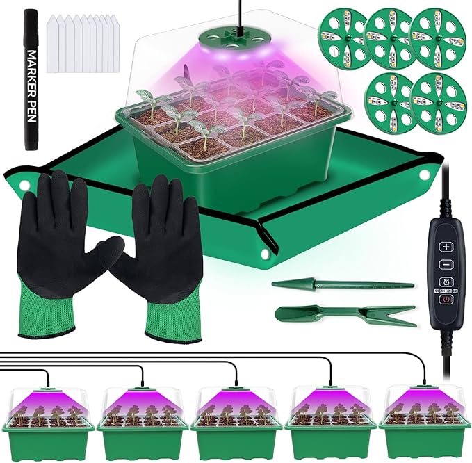 5 Packs Seed Starter Tray with Grow Light, (Value Pack), 60 Cells Seed Starter Kit with Heightened Lid, Adjustable Humidity Domes,Garden supplies for Plant Flower Vegetable Seeds Germination by Framokoko