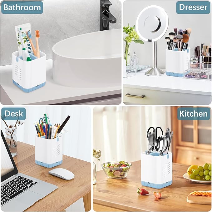 Boperzi Toothbrush and Razor Holder for Bathrooms - Countertop Organizer With Drainage, Anti-Slip Kids Toothpaste Caddy for Electric Toothbrush, Shower, Vanity - Blue - Image 5