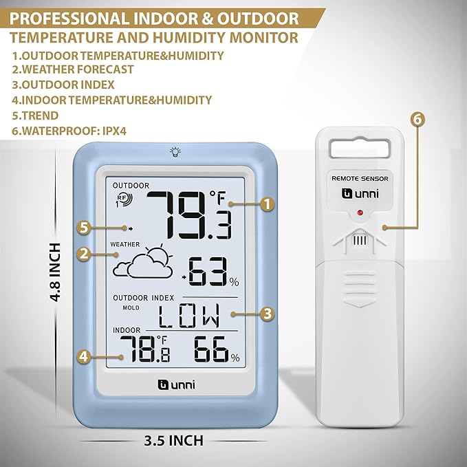 Indoor Outdoor Thermometer Wireless Weather Station, Temperature Humidity Monitor Battery Powered with 330ft Range Remote Sensor and Backlight Display（Light Blue） - Image 6