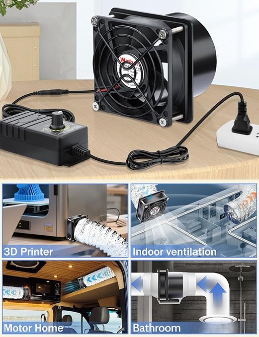 Wathai 80mm 12V DC Axial Exhaust Fan Small Fume Extractor with AC Plug, Dual Ball Speed Controller – for Soldering, 3D Printer Enclosure, Ventilation, DIY Cooling - Image 4