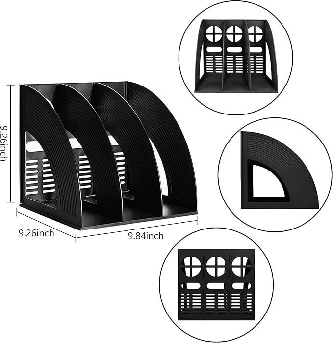 Marte Vanci Magazine File Holder Book Desktop Organizer Plastic Storage Sturdy Vertical 3 Section Folder Black - Image 2