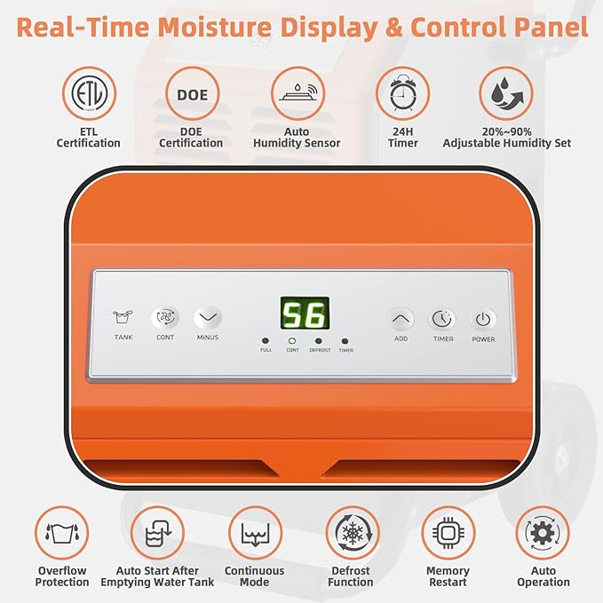 COSTWAY 163 Pints Commercial Dehumidifier, 4500 Sq.Ft Crawl Space Dehumidifier with Drain Hose, 24H Timer, for Basement, Warehouse, Job Site (Orange) - Image 4