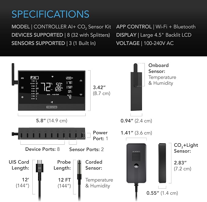 AC Infinity Controller AI+ with CO2 Sensor Bundle – AI-Powered Learning, CO2 Data Tracking for Gardens & Grow Tents, Temp, Humidity, & VPD Monitoring for Dynamic Level Adjusting, Bluetooth & WiFi App - Image 7