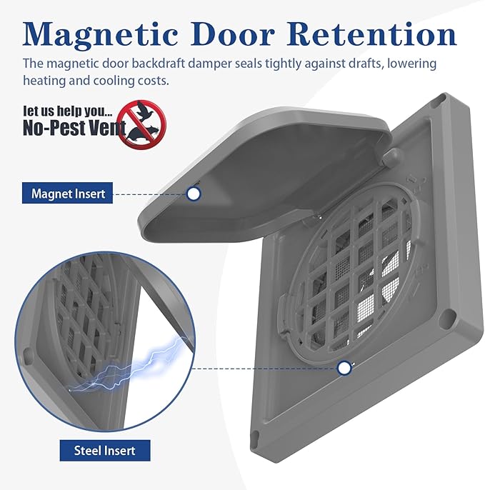 Dryer Vent Cover Outside 4 inch, Magnetic Door Design, Durable Airflow Vent with Lint Trap Screen, Thickened Material, 6 inch x 6 inch Size, Grey - Image 4