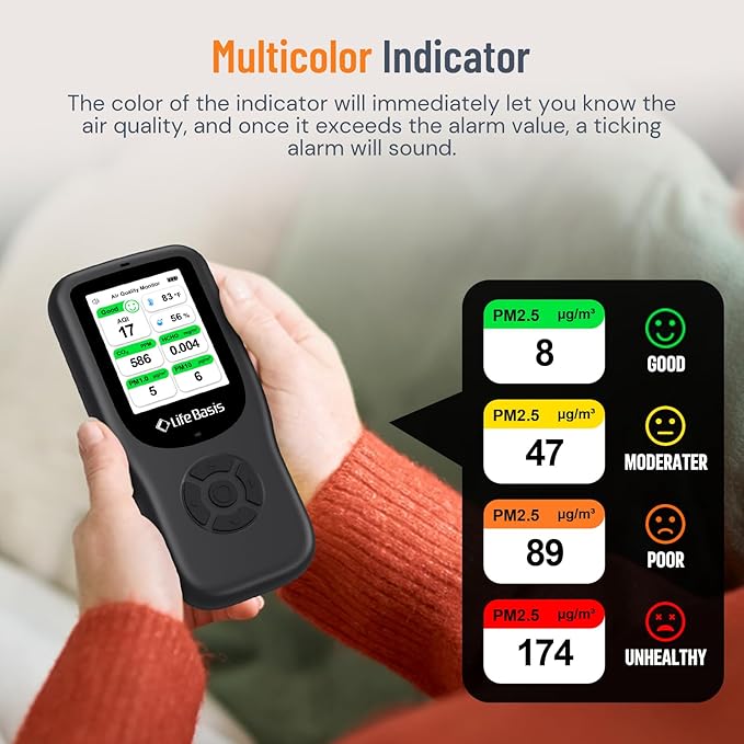 LifeBasis Air Quality Monitor Indoor, 11-in-1 Air Quality Detector with Stand, Real-Time Air Meter Test AQI, PM1.0, PM2.5, PM10, CO2, TVOC, HCHO, Particles, Temperature and Humidity, Dual Alert -Black - Image 3